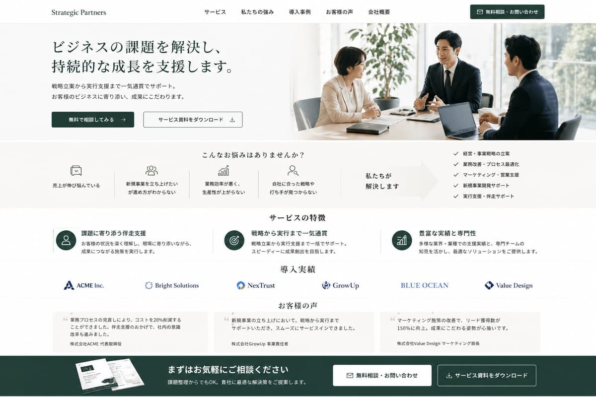 作成したサービス紹介LPの例。「Strategic Partners」の「ビジネスの課題を解決し、持続的な成長を支援します。」というファーストビュー、悩み、サービスの特徴、導入実績、お客様の声が並ぶ
